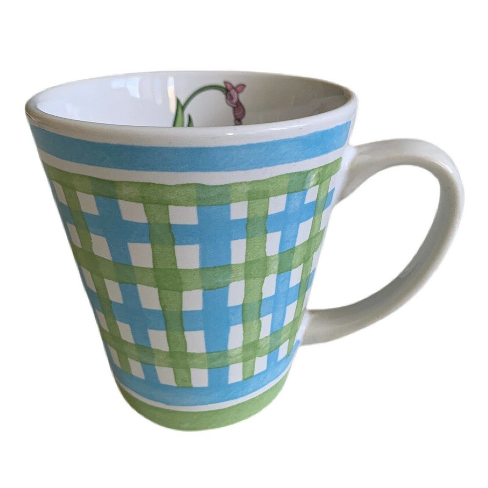 Disney Winnie The Pooh Blue Green Checkered Ceramic Mug Piglet on the Inside